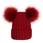 Custom kids knitted pom faux fur beanie winter hat with two fur balls
