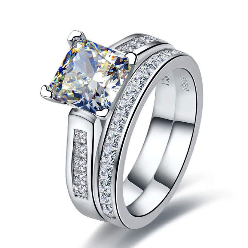 Wholesale Trendy Two In One Wedding Ring For Women 2.0CT 925 Sterling Silver Platinum Plated Fine Jewelry Synthetic Diamond Ring