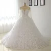 Amanda Novias O Neck Long Sleeves Fluffy Ball Gown See Through Back Illusion Lace Wedding Dress