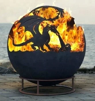 Large Corten Steel Metal Dragon Fire Pit Sphere Outdoor View