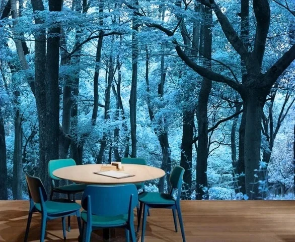 خلفية زرقاء اللون الغابات عالية الجودة التصميم الداخلي جداريات ثلاثية الأبعاد ثلاثية الأبعاد خلفية الديكور مناسبة للمنزل والتجارة