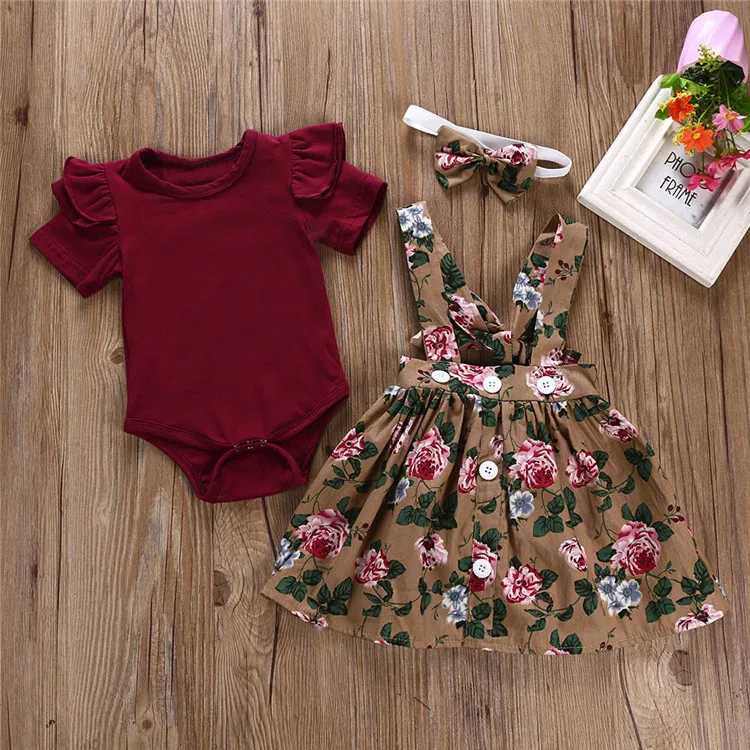 Avrupa sıcak satış moda bebek kız giyim seti kısa kollu romper + çiçek elbise + hairband 3 adet çocuk giyim seti