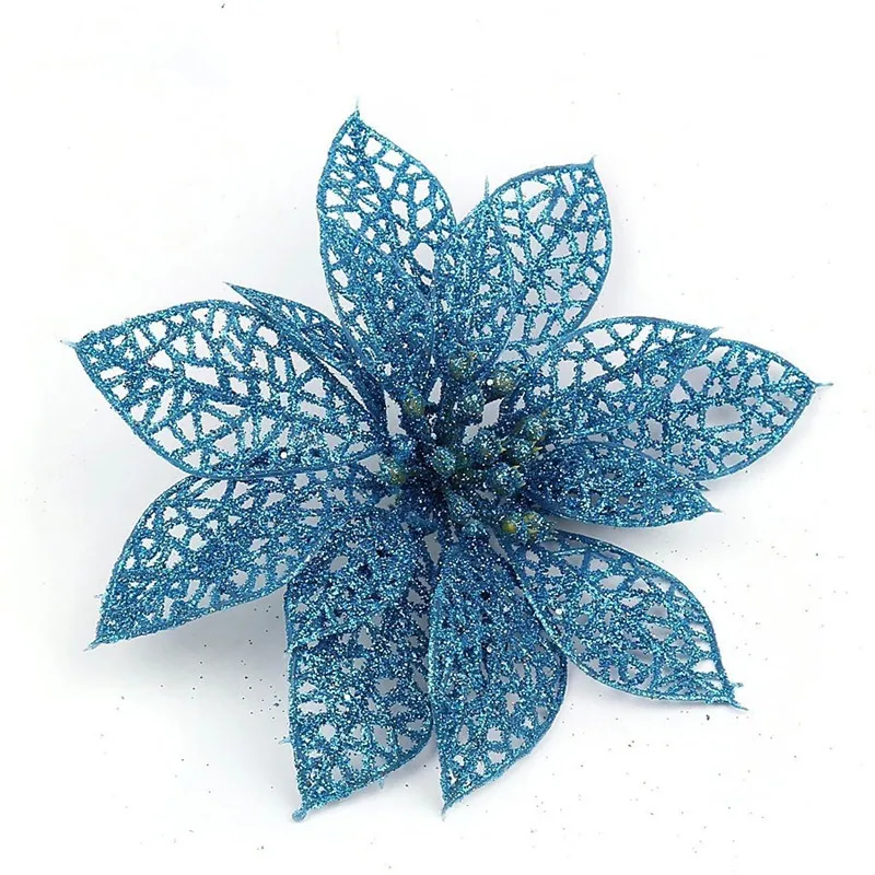 Newest -- Christmas Tree Ornament Blue Christmas Flower 13cm adhesive powder hollow Christmas flowers