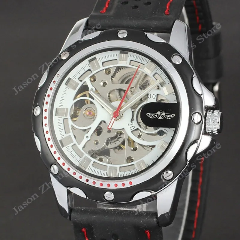New WINNER Hollow Engraving Skeleton Casual Design Black Golden Case Rubber Strap Watches Men Luury Brand Automatic Watches