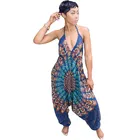 Fashionable Spaghetti Strap Sleeveless Khaki Polyester One piece Jumpsuits With Bohemian Printed Backless Straps Jumpsuit