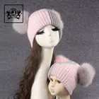 Newly Winter Double color knitted 100% Wool two pompom hat for adults and kids