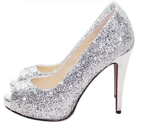 2015 new Silver open toe rhinestone paillette bridal shoes wedding shoes princess thick high-heeled big sizes wedding shoes