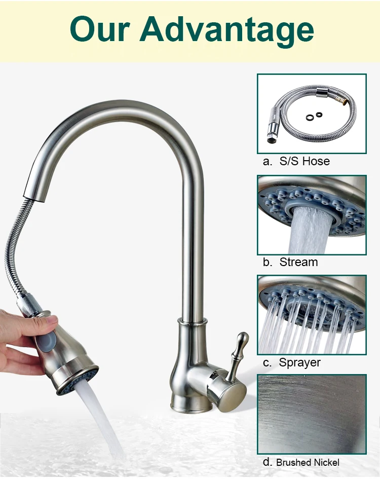 Best industrial brushed nickel pull down kitchen faucet single hole single hande deck mount faucet