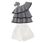 Fashion Clothing Kids Black Strapless Shoulder Plaid Ruffle T-shirt & White Pant Clothes Set for Girls