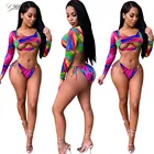GC-86962018 print hollow out long sleeve crop top and drawstring panties 2 piece set tankinis sexy womens swim suit