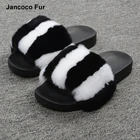 Attractive Design Black And White Stripes Rabbit Fur Slippers Fashion Women Fur Slides