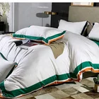 Hotel Luxury Satin duvet cotton Bed Sheet Bedding Comforter Set Green Stripe bed set
