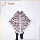 Big Size Elegant Women Knitted 100% Wool Cloak Mink Fur Cape Rex Rabbit Fur Poncho