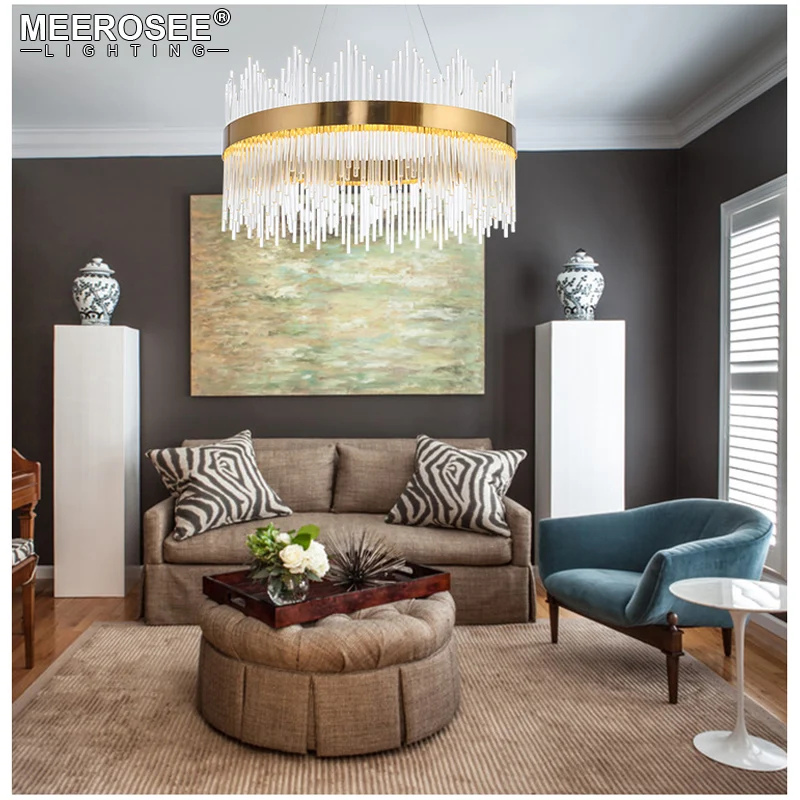 MEEROSEE LED Pendant Light Crystal rods Hanging Lamp for Dinning room Gold Circle Suspension Lamparas Lustres Abajur MD85503
