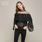 Good Quality Fashion High Neck Lace Frill Exquisite Blouse With Flare Sleeve