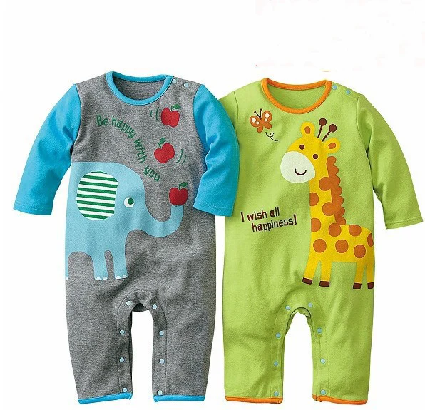 Spring Autumn 2015 Baby Boys Girls Rompers Infants Children Jumpsuit Cartoon Animal Long-Sleeved 100%Cotton Brand Clothes 0-1Y
