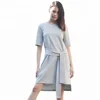 Basic Grey New Model Women Korean Casual Short Front Long Back Belt T Shirt Dress