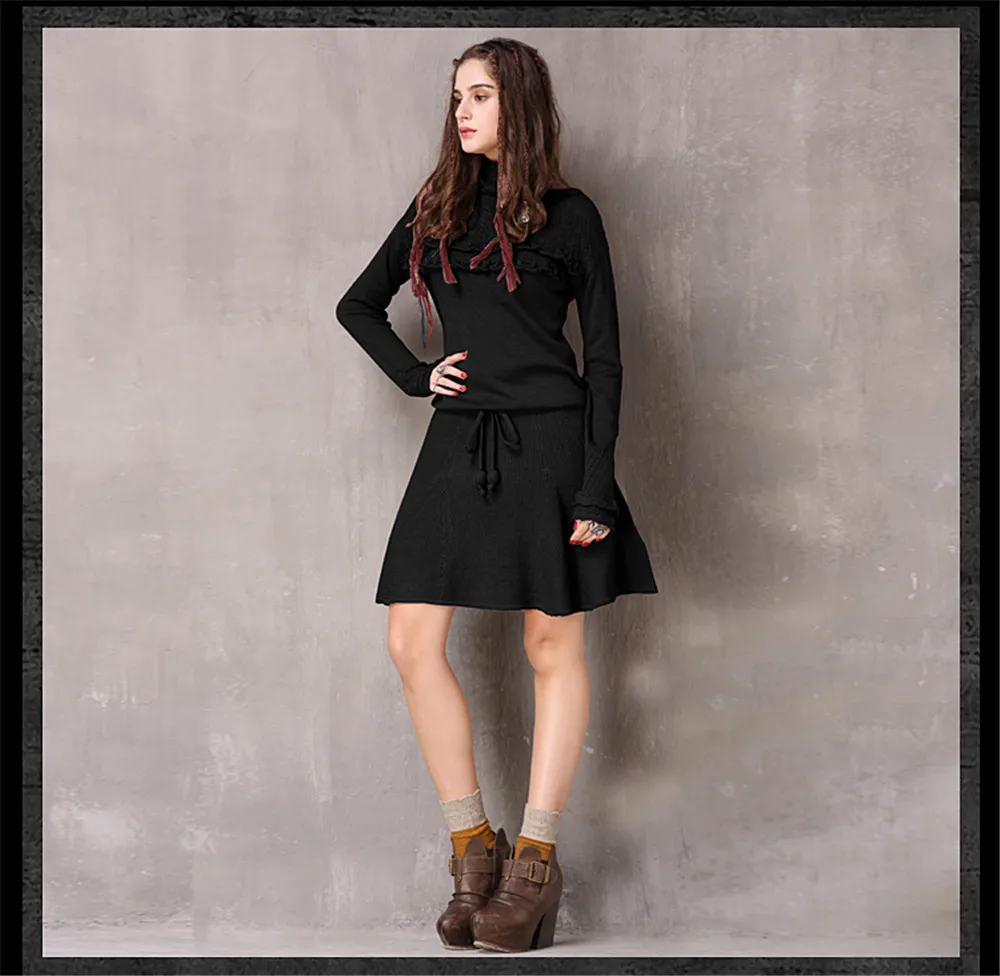 Vintage Knitted Winter Dress For Women 2017 New Cotton Wool Vestidos Turtleneck Ruffles String Waist A-line Women Dresses (18)