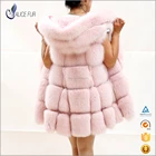 Pink Sleeveless Outerwear Winter Real Fox Fur Vest Women with hood