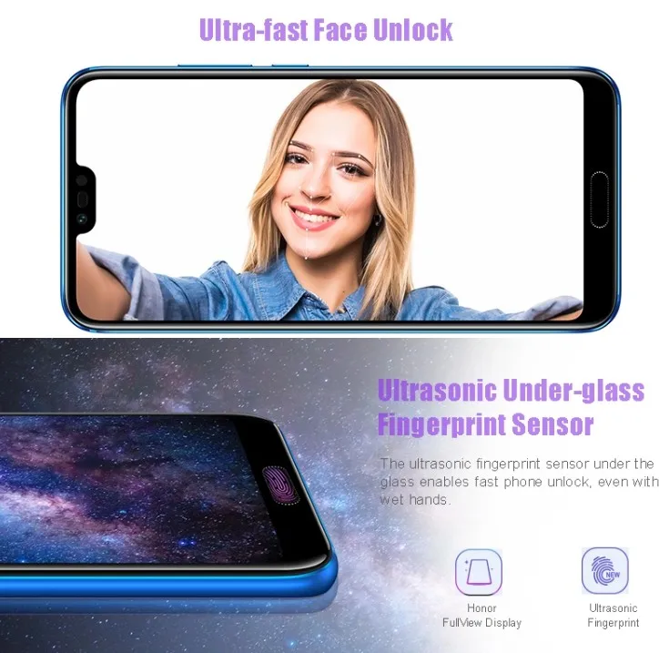 Global Version Honor 10 5.84 inch full screen AI Camera 24.0MP mobile phone Octa Core fingerprint ID NFC android 8.1 smartphone