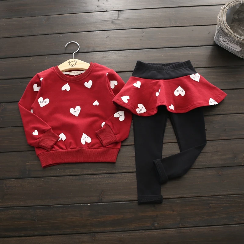 Kids Love Heart T Shirt Tops + Pantskirt 2PCS Suit 2