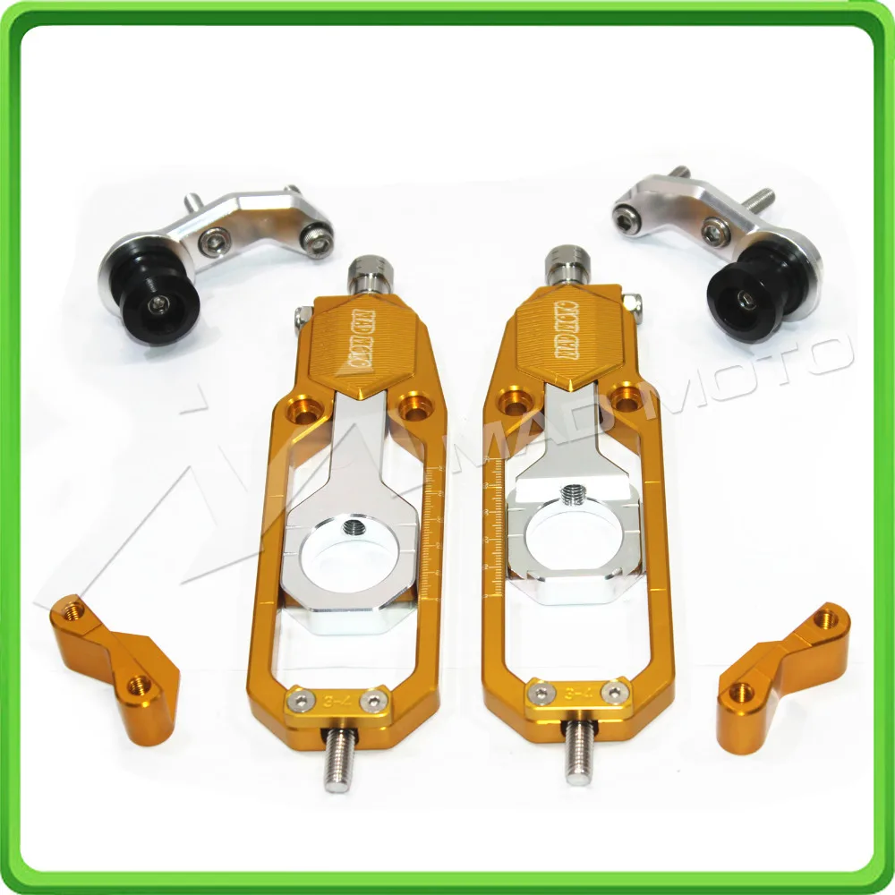 Motorcycle Chain Tensioner Adjuster with paddock bobbins kit for Suzuki GSXR1000 GSXR 1000 GSX-R1000 2007 2008 07 08 Gold&Silver (12)
