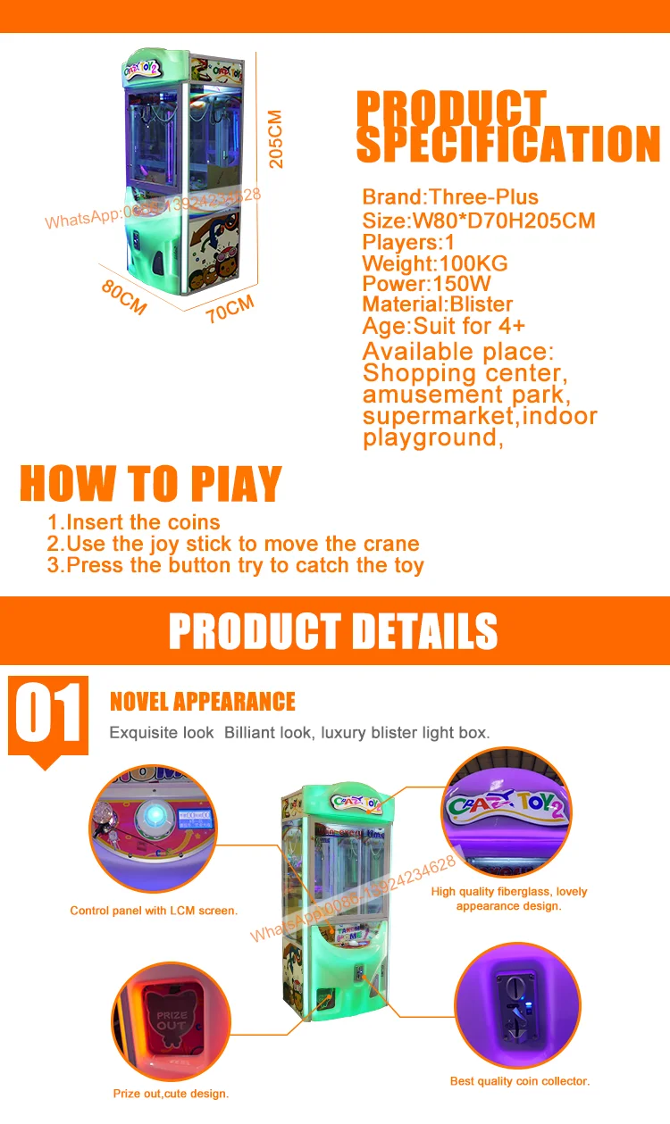 Threeplus Coin Operated Skill Game Big Used Human Claw Crane Machine Used Claw Machines for Sale
