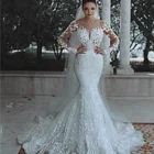 2018 Modest Saudi Arabic Lace Wedding Dress Illusion Long Sleeve Beads Luxury Mermaid Moroccan Bridal Gown