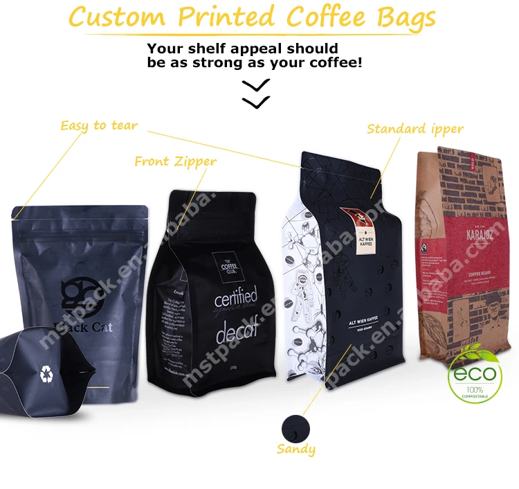 Wholesale High Quality Standing Customized Printed 250g 500g 1kg Flat Bottom Coffee Zipper Bag