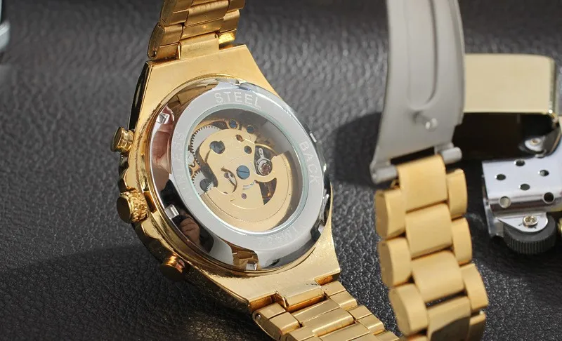 2016 New Hot Sale Skeleton Hollow Fashion Mechanical Self Wind Men Luury Male Business Gold Stainless Steel Strap Wrist Watch