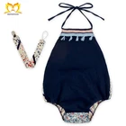 Baby Girls Posh Tassel Plain Navy Soft Halter Design Clothing Newborn Adorable Back Printed Boutique Infant Romper.