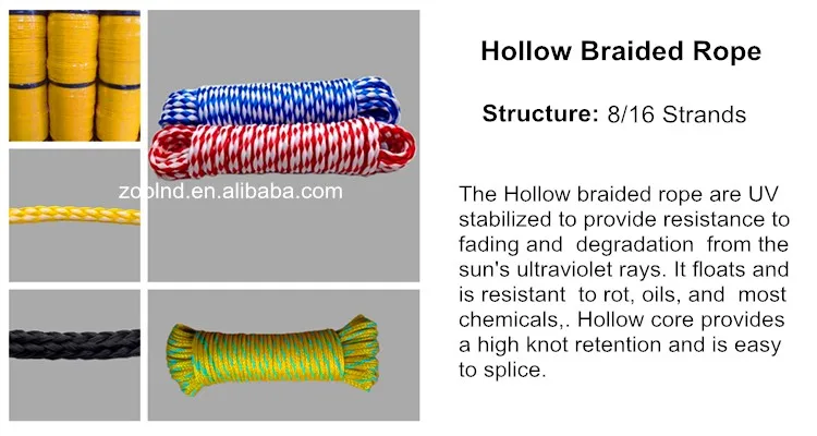 high strength nylon polyester pp pe hollow braided rope