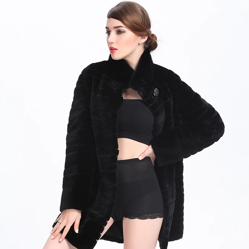 M-3XL Rabbit Fur Knitted Coat 2015 New Fox Collar Parka Autumn Winter Luxury Women Natual Fur Coat Warm Knitted Rabbit Fur Coat