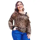 Large size women's new print bottoming shirt shoulder strap sling bubble long-sleeved leopard print loose top