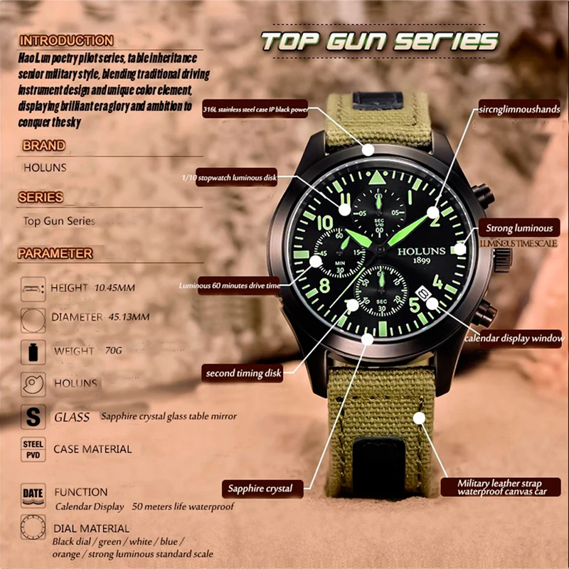 HOLUNS Mens Watch Top Brand Luxury Chronograph Luminous Sports Clock Male Canvas Wristband Quartz Wrist Watch Relogio Masculino 2017 2018 Gifts for Men Dad (8)