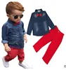 2017 western style boy clothing sets kids clothes with denim shirt and red pants