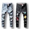 New Italy Style Men's Distressed Pants Embroidered Flares Patches Blue skinny bkier Jeans pain Slim Trousers Splashing ink