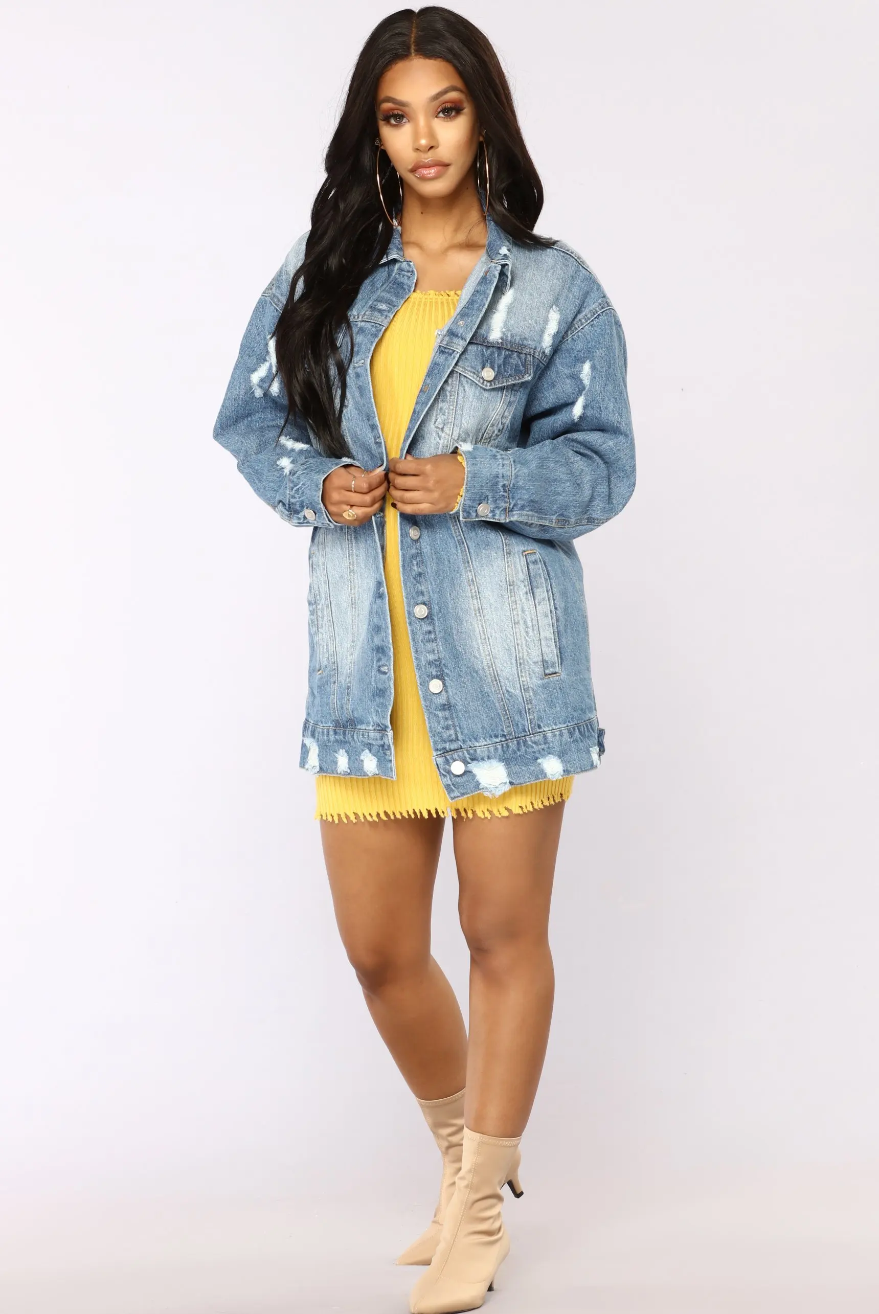 Ripped Blue Denim Fashion Casual Oversized Distressed Style Jean Jacket Women