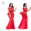 2019 100% Cotton African Kitenge Designs Long Wedding Dress Bridal Gown Shoulder Off Ruffle Red Women Dress Evening Dresses