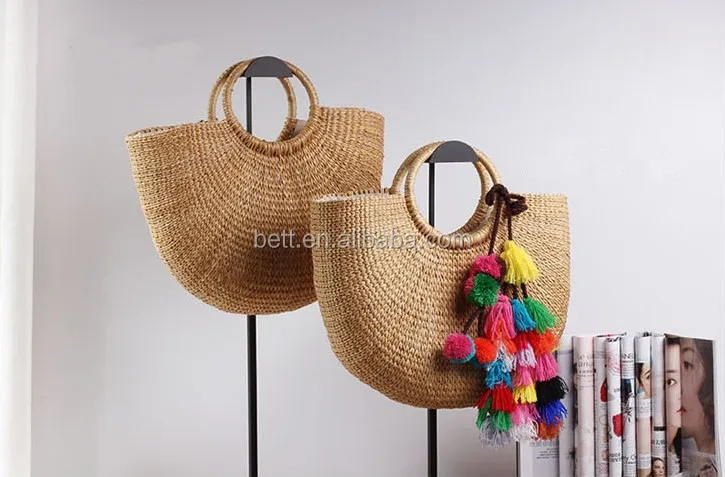beach bag with wood round handle straw summer basket handbag