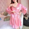 Wholesale Sexy Women Soft Silk Satin Robes Lace strap Skirts Pyjamas Sets With Gown Kimono Sleepwear