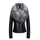 2019 Winter Warm Fashion OEM Windproof Zipper Slim Black PU Jacket With Fur Coat