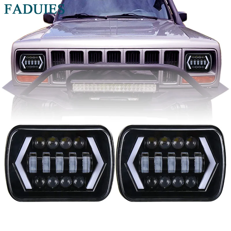 1 FADUIES 5x7 inch Square LED Headlamp Arrow Angel Eyes DRL Turning Replaces H6054 H5054 H6054LL For Trucks Jeep Wrangler XJ YJ (1)