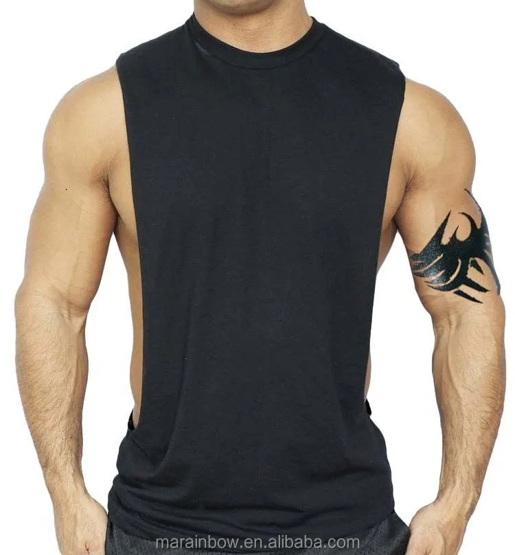 Men's Black Plain Muscle Workout Vest Gym Tank Top Bodybuilding Fitness Blank Deep Cut Off Beast 