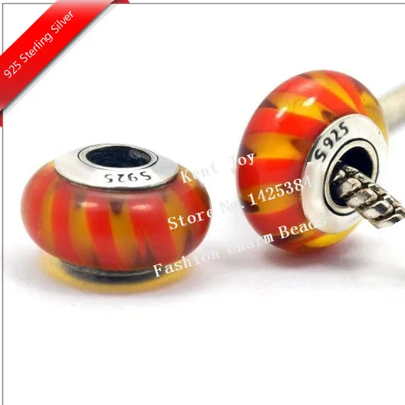 2pcs s925-sterling-silver Orange Murano Glass charms Bead Fits European Bracelets & necklaces ZS099