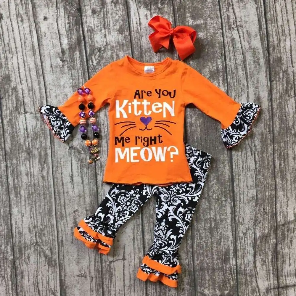 baby girls Halloween clothing girls are you kitten me right meow outfits girls Halloween outfits Damask capri with accessories