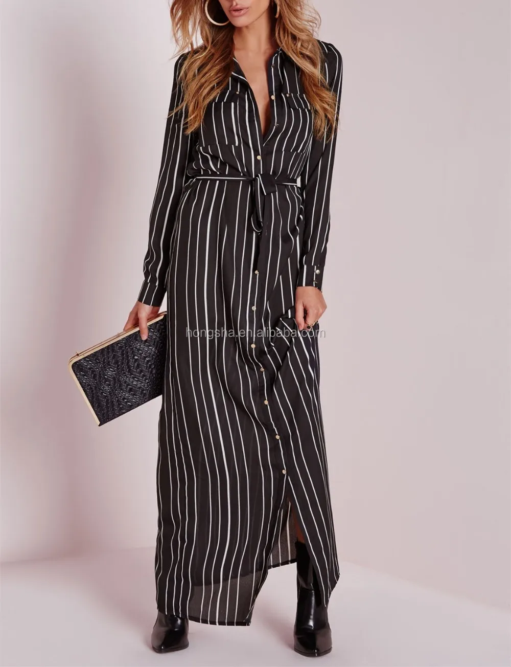 Maxi Dress Pattern 2015 Long Sleeve Prom Tie Waist Shirt Dress Hsd3625
