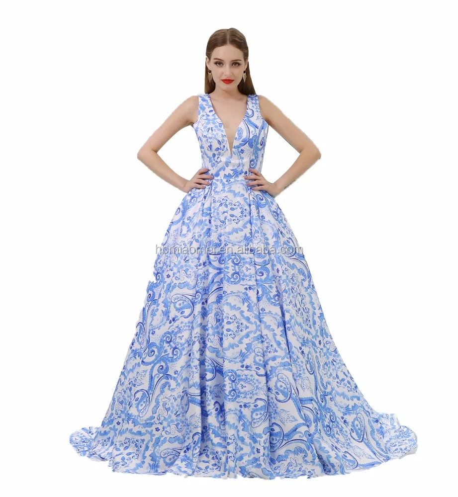 new fashion blue flower deep v neck ball gown dress evening
