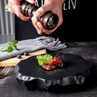 Black Platter Stones Plate Black Stone Plate Modern Matte Black Platter Asymmetric Porcelain Stones Shape Plate