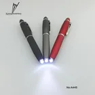 Wholesale promotional items custom logo metal led light ball pen with rubber